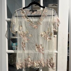 White House Black Market White Mesh Floral Blouse- Size Small